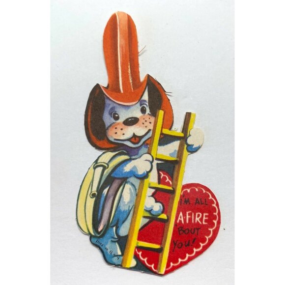 Vintage Valentines Day Greeting Card Firefighter DogClimbing Ladder Design 1940s - Picture 5 of 5